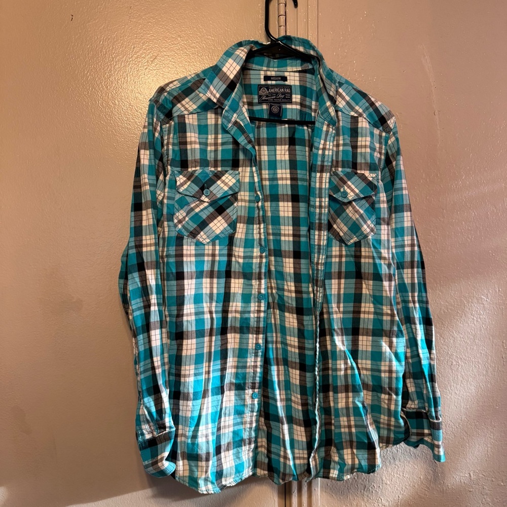 American Rag Blue Plaid Shirt Y2K Style Men’s M Button Down